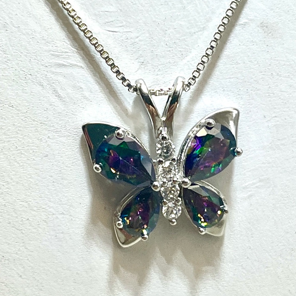 Elegant Sterling Silver and Mystic Topaz Butterfly Pendant Necklace